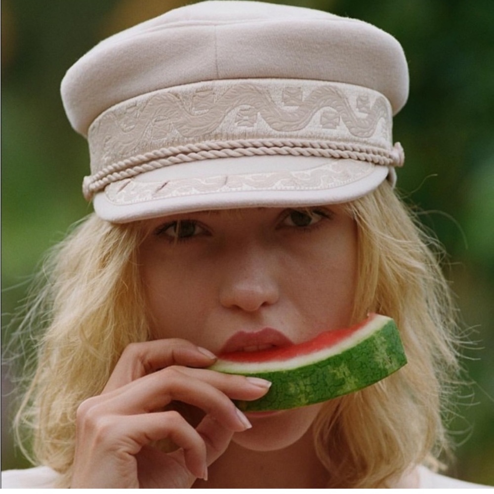 Lack Of Color Cream Embroidered Baker Boy Cap